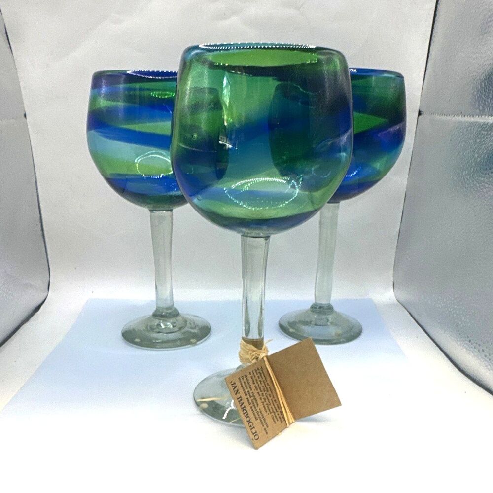 Jan Barboglio Hand Blown Swirl Wine Glasses Set of 3 Blue Green Clear
